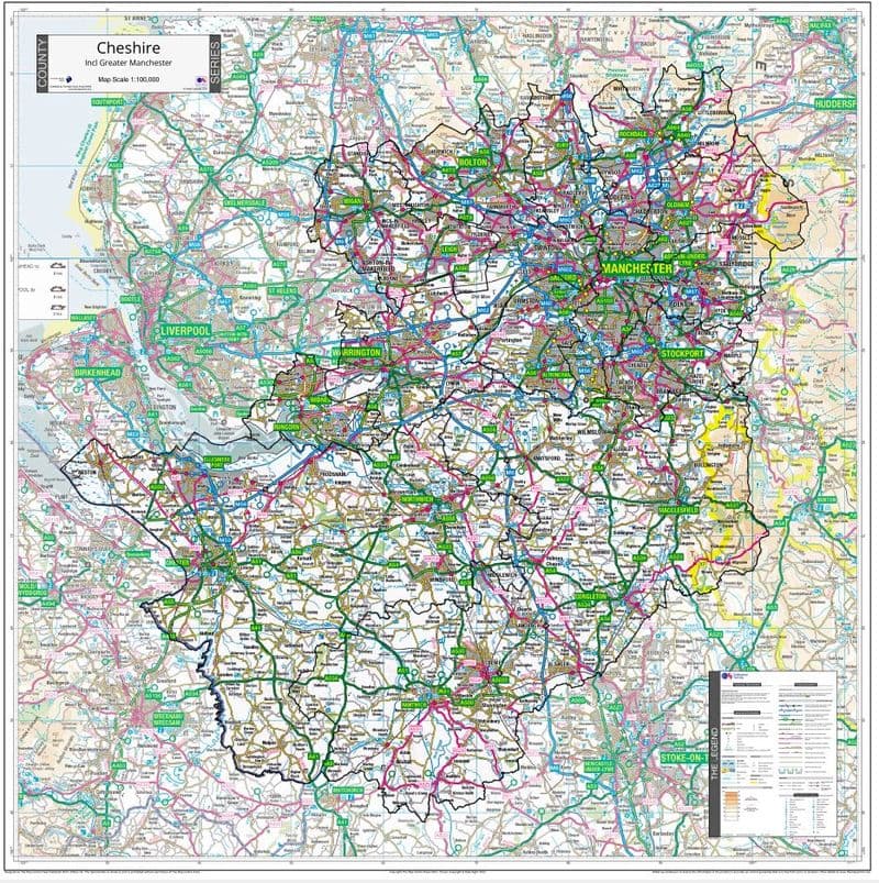 County Map of Cheshire incl Greater Manchester - 2024