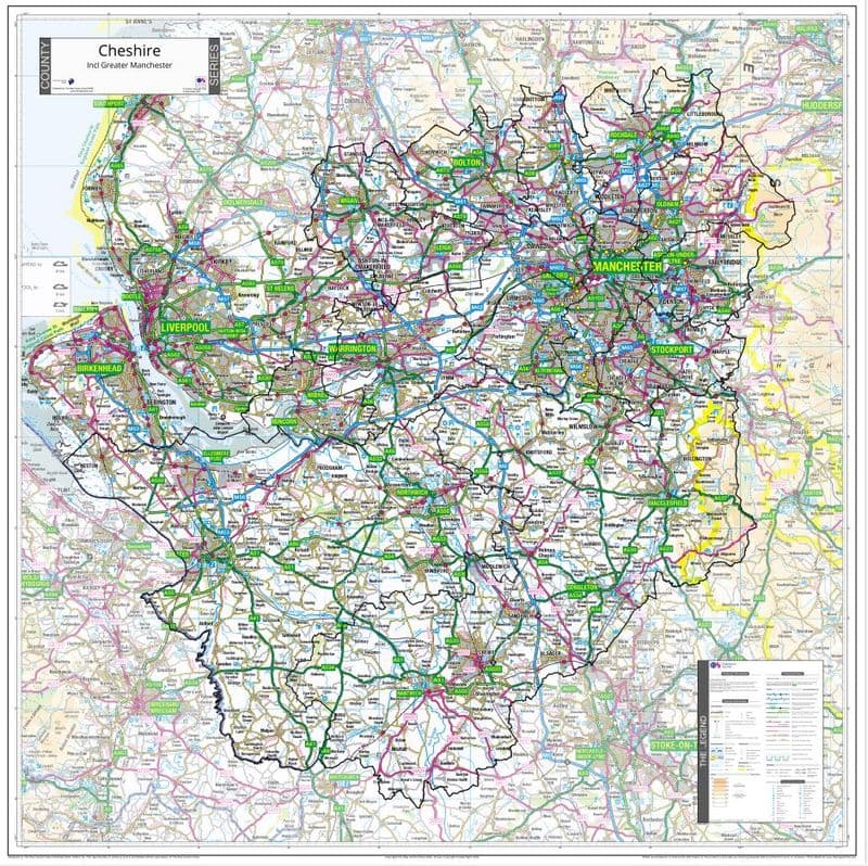 County Map of Cheshire incl Greater Manchester - 2026
