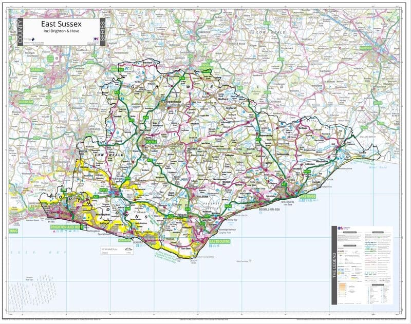 County Map of East Sussex Including Brighton - 2026