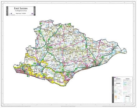 County Map of East Sussex Including Brighton - White Background