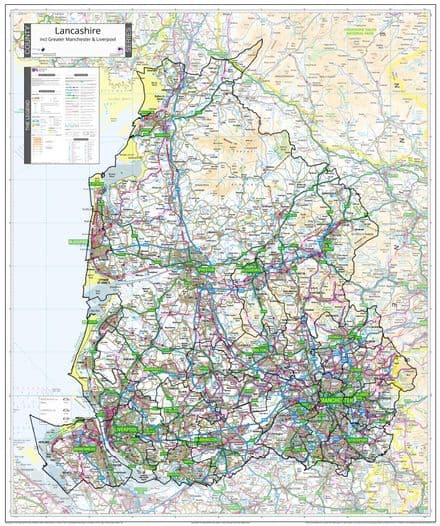 County Map of Lancashire Incl. Greater Manchester & Liverpool - 2026