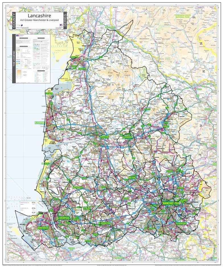 County Map of Lancashire Incl. Greater Manchester & Liverpool - 2026