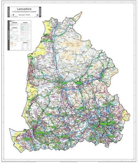 County Map of Lancashire Incl. Greater Manchester & Liverpool - White Background