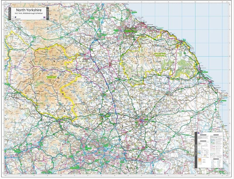 County Map of North Yorkshire Incl York, Redcar and Middlesbrough - 2025