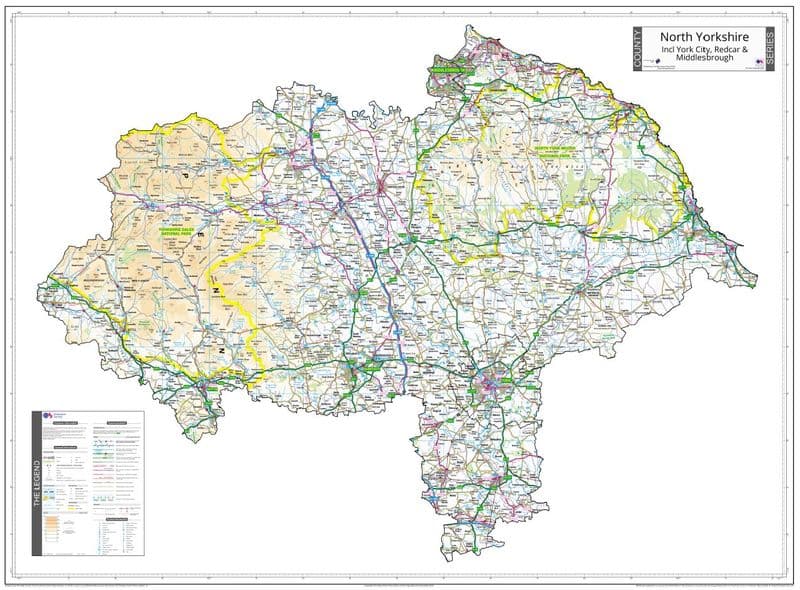 County Map of North Yorkshire Incl York, Redcar and Middlesbrough - 2025- White Background