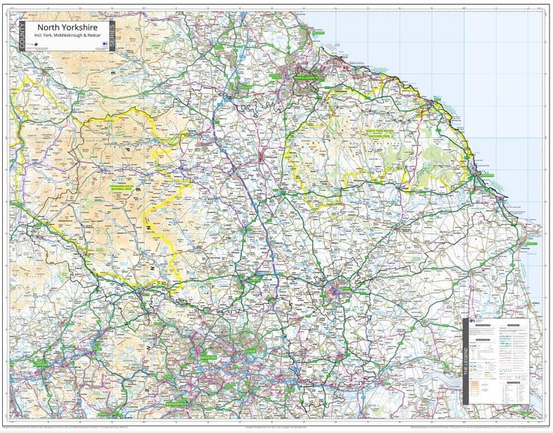 County Map of North Yorkshire Incl York, Redcar and Middlesbrough - 2026