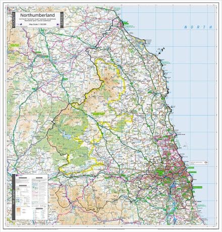 County Map of Northumberland Incl Newcastle upon Tyne - 2024
