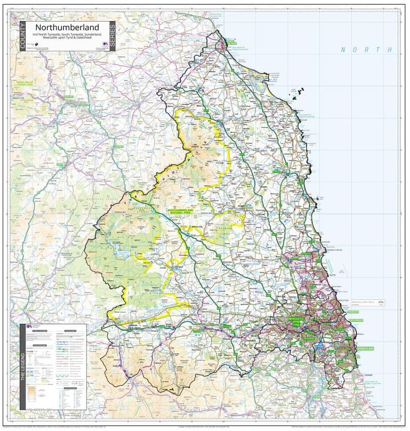 County Map of Northumberland Incl Newcastle upon Tyne - 2026