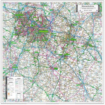 County Map of Warwickshire including Birmingham & West Midlands - 2024