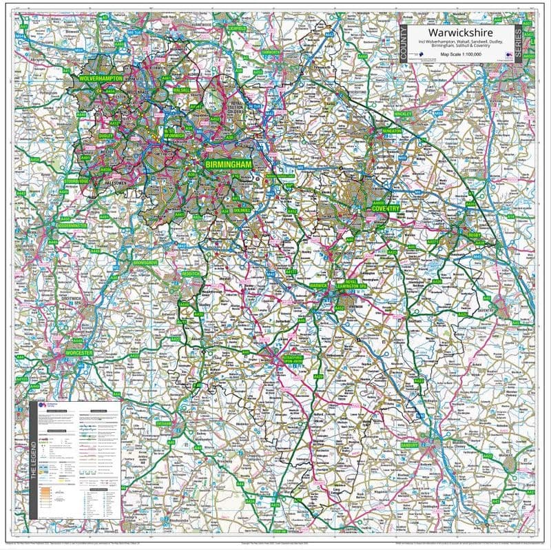 County Map of Warwickshire including Birmingham & West Midlands - 2024