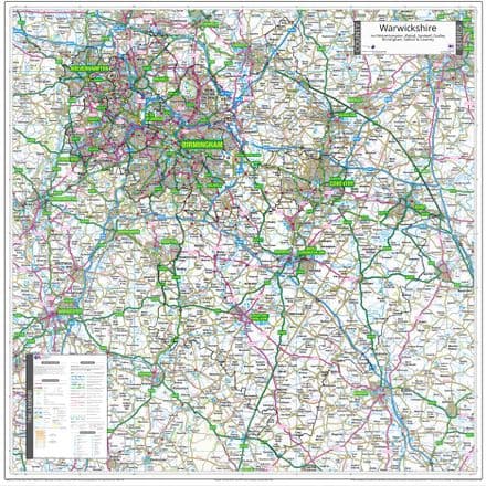 County Map of Warwickshire including Birmingham & West Midlands - 2026