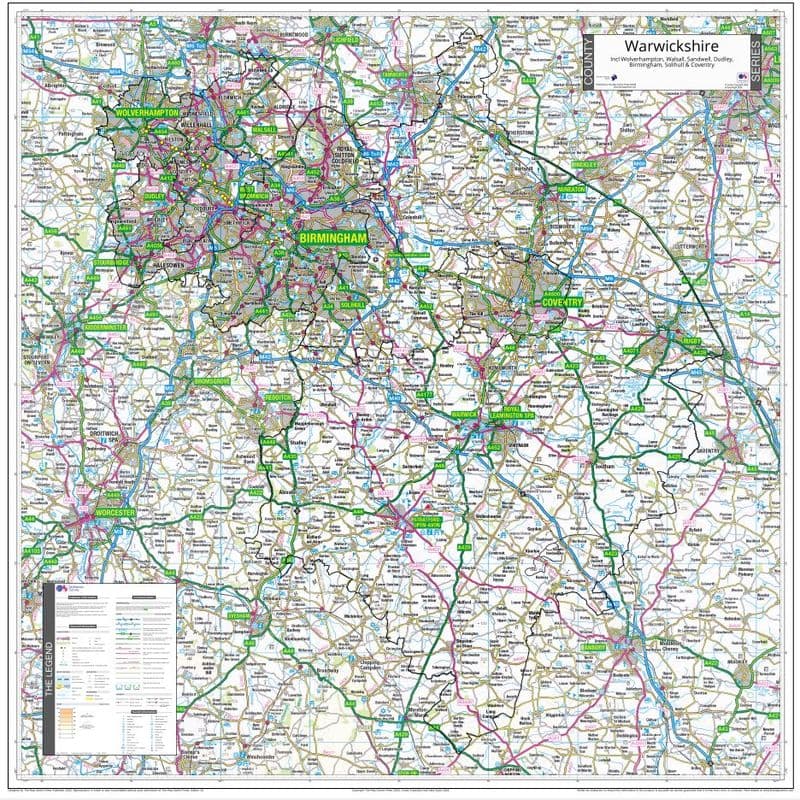 County Map of Warwickshire including Birmingham & West Midlands - 2026