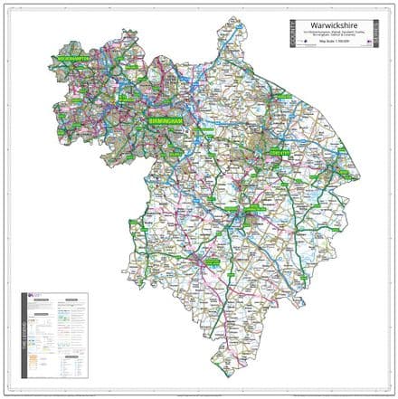 County Map of Warwickshire including Birmingham & West Midlands - White Background