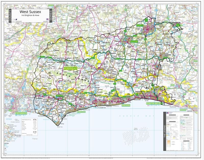 County Map of West Sussex Including Brighton - 2026