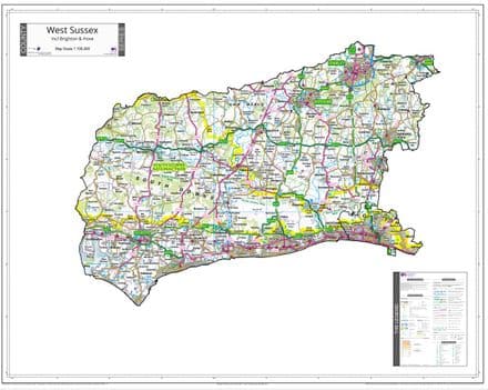 County Map of West Sussex Including Brighton - White Background