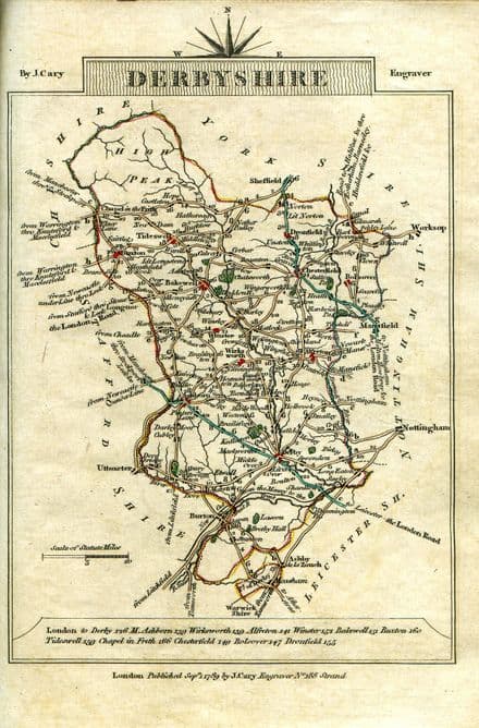 Derbyshire County Map by John Cary 1790 - Reproduction