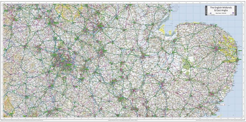 English Midlands & East Anglia - Special Road Map