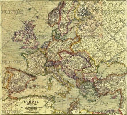 Europe Map with Africa and Asia - Published 1915 by National Geographic