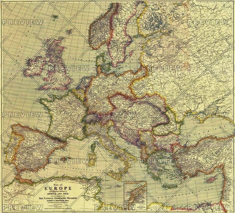 Europe Map with Africa and Asia - Published 1915 by National Geographic
