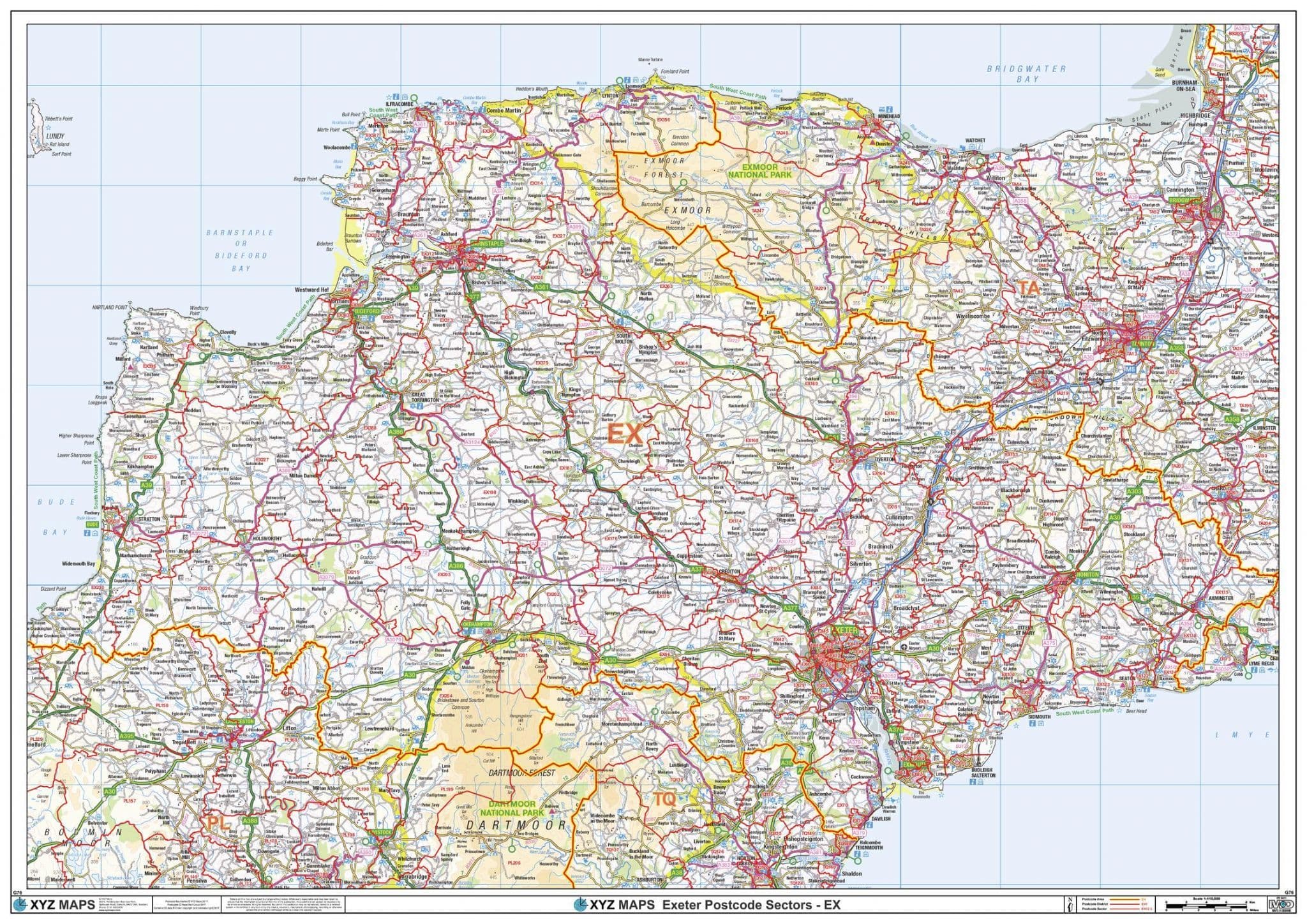 Exeter - EX - Postcode Sector Wall Map