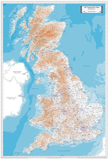 Great Britain Topographic Wall Map incl Rivers - 2024 - 88 x 128cm