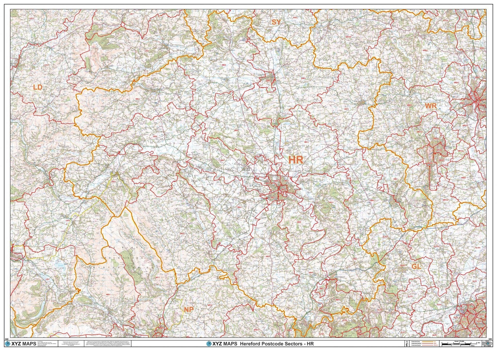 Hr1 Postcode Map Hereford - HR - Postcode Sector Wall Map