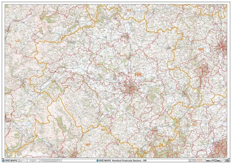 Hra Postcode Map Hereford - HR - Postcode Sector Wall Map