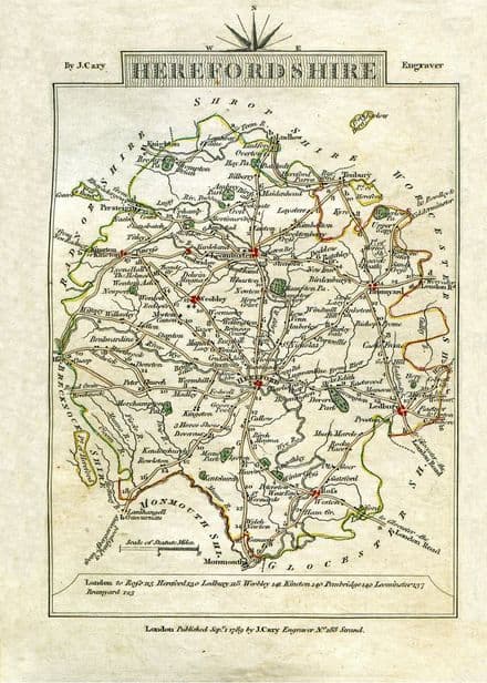 Herefordshire County Map by John Cary 1790 - Reproduction