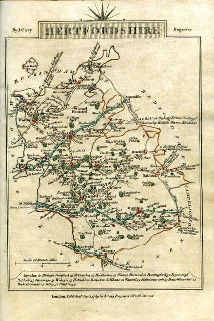 Hertfordshire County Map by John Cary 1790 - Reproduction