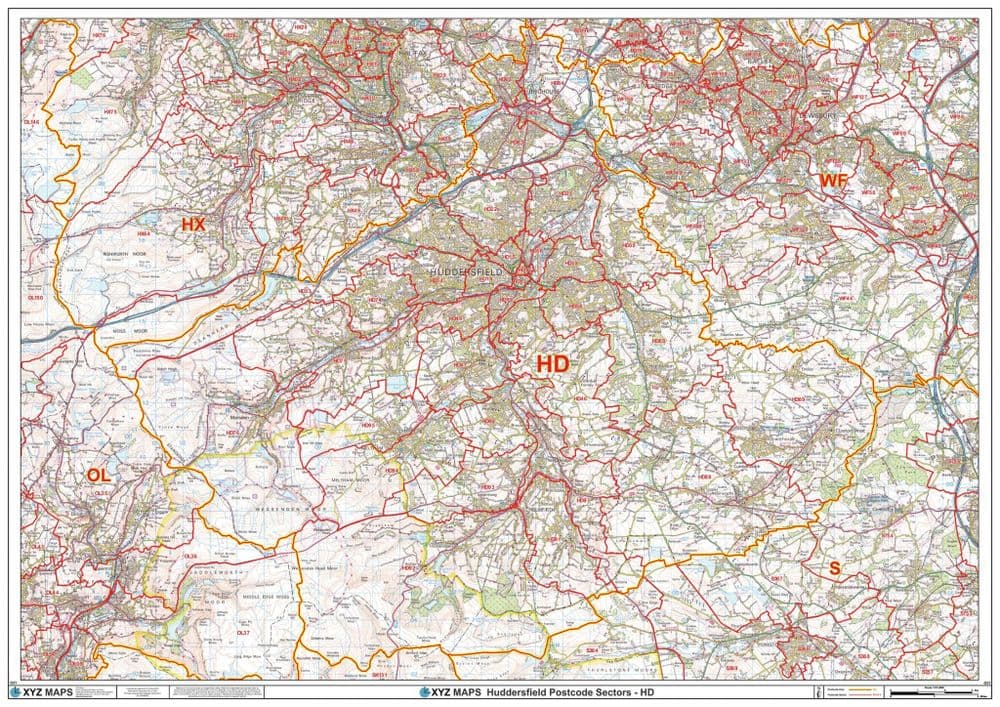 Hadfield Postcode Huddersfield - HD - Postcode Sector Wall Map