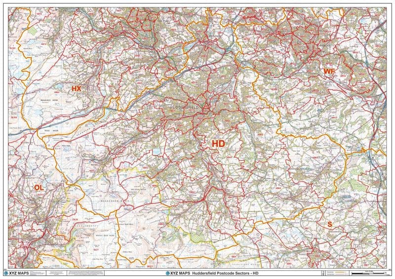 Hd Postcode Map Huddersfield - HD - Postcode Sector Wall Map