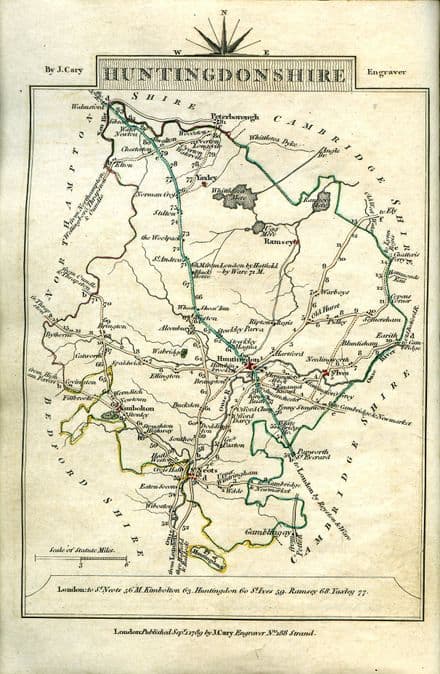 Huntingdonshire County Map by John Cary 1790 - Reproduction