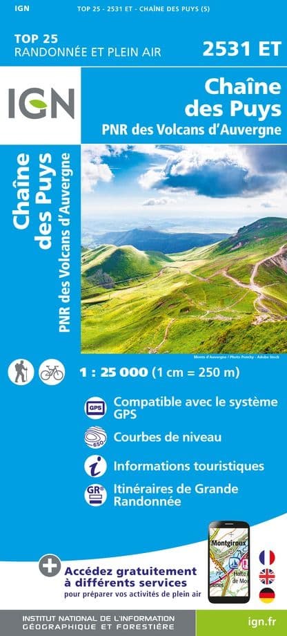 IGN Top 25 2531 ET - Chaîne des Puys PNR des Volcans d'Auvergne
