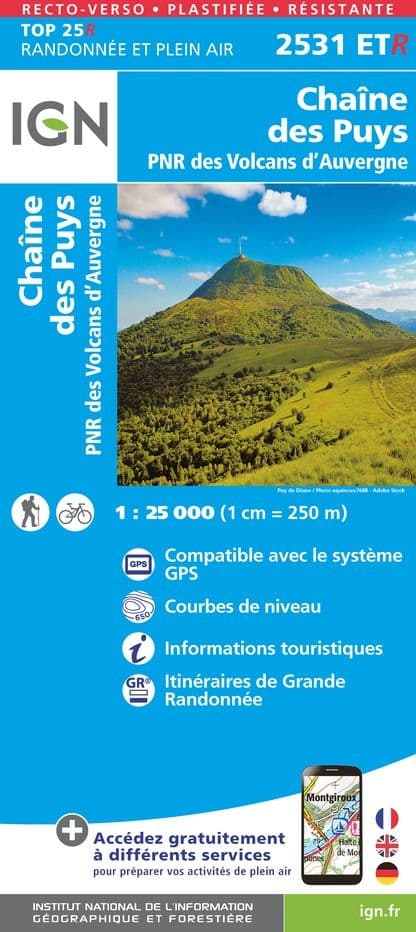 IGN Top 25 2531 ET R - Chaîne des Puys PNR des Volcans d'Auvergne - Resistant