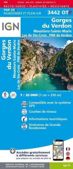 IGN Top 25 3442 OT R - Gorges du Verdon / Moustiers-Ste-Marie / Lac de Ste-Croix - Resistant