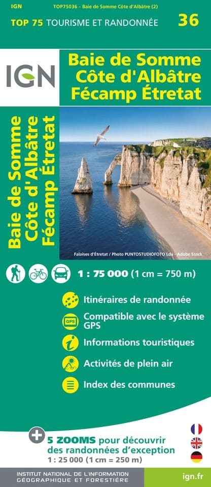 IGN Top 75 - 036 Baie de Somme / Cote d'Albatre / Fecamp / Etretat at 1:75,000