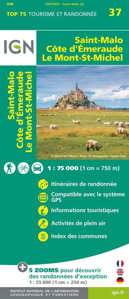 IGN Top 75 - 037 Mont Saint Michel / Saint Malo / Cote d'Emeraude at 1:75,000