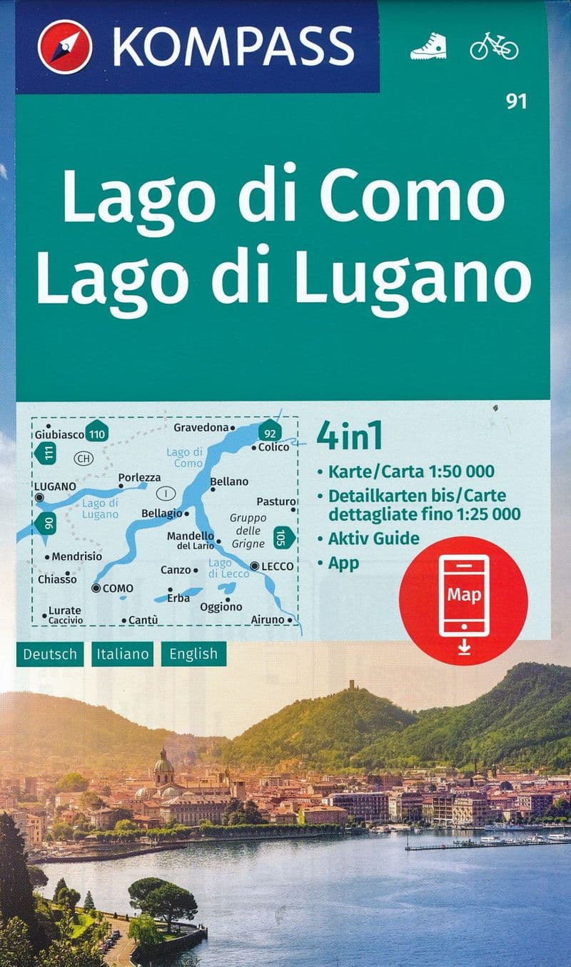 Lake Como & Lake Lugano - 1:50,000 - Kompass 91