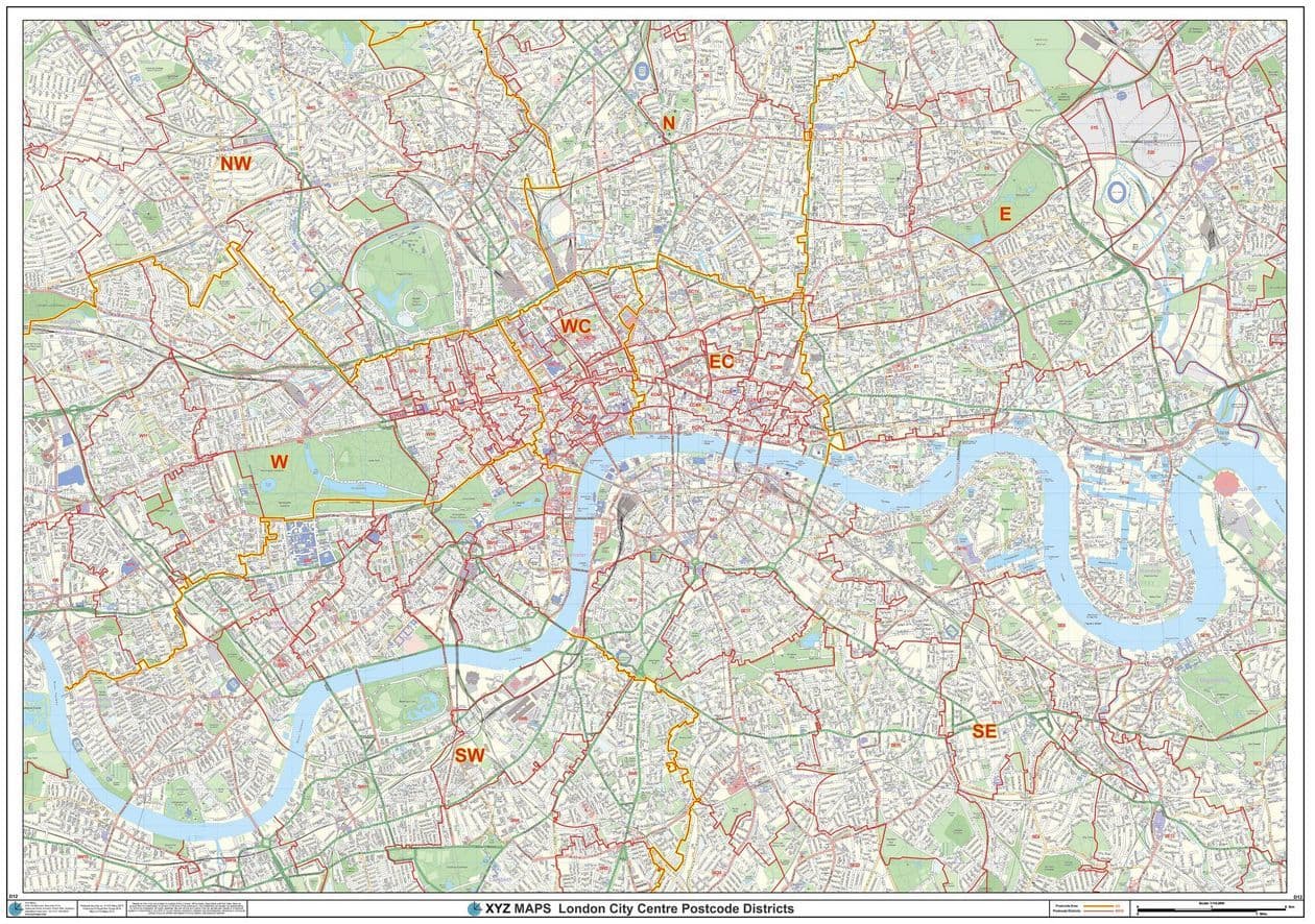 London - City Centre - Postcode District Wall Map