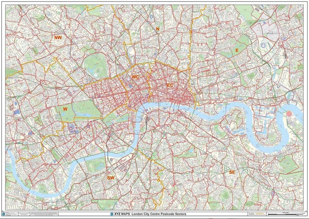 London -City Centre - Postcode Sector Wall Map