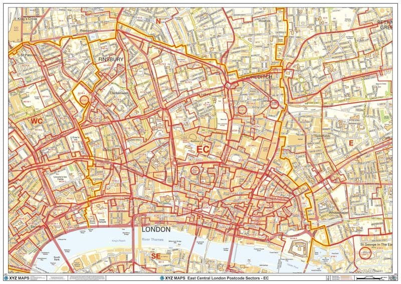 London - East City - EC - Postcode Sector Wall Map