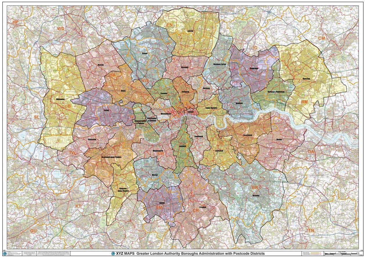 London Local Authorities and Postcode Districts Wall Map