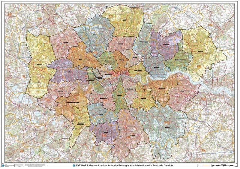 London Local Authorities and Postcode Districts Wall Map