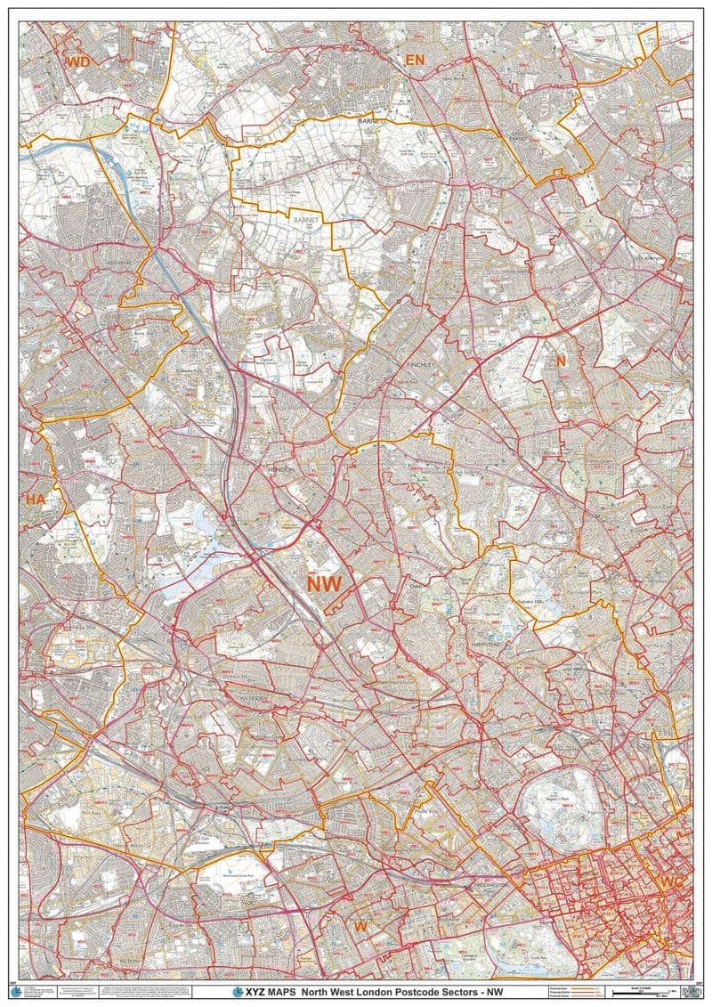 London - North West - NW - Postcode Sector Wall Map