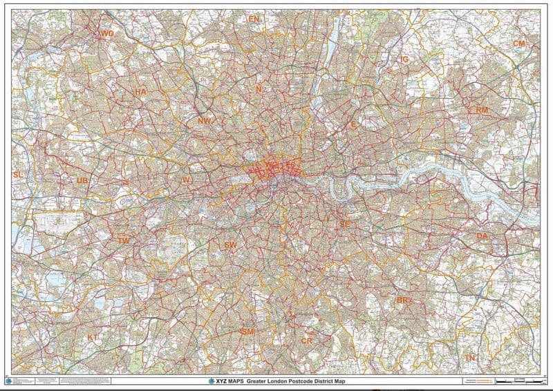 London Postcode Districts Wall Map