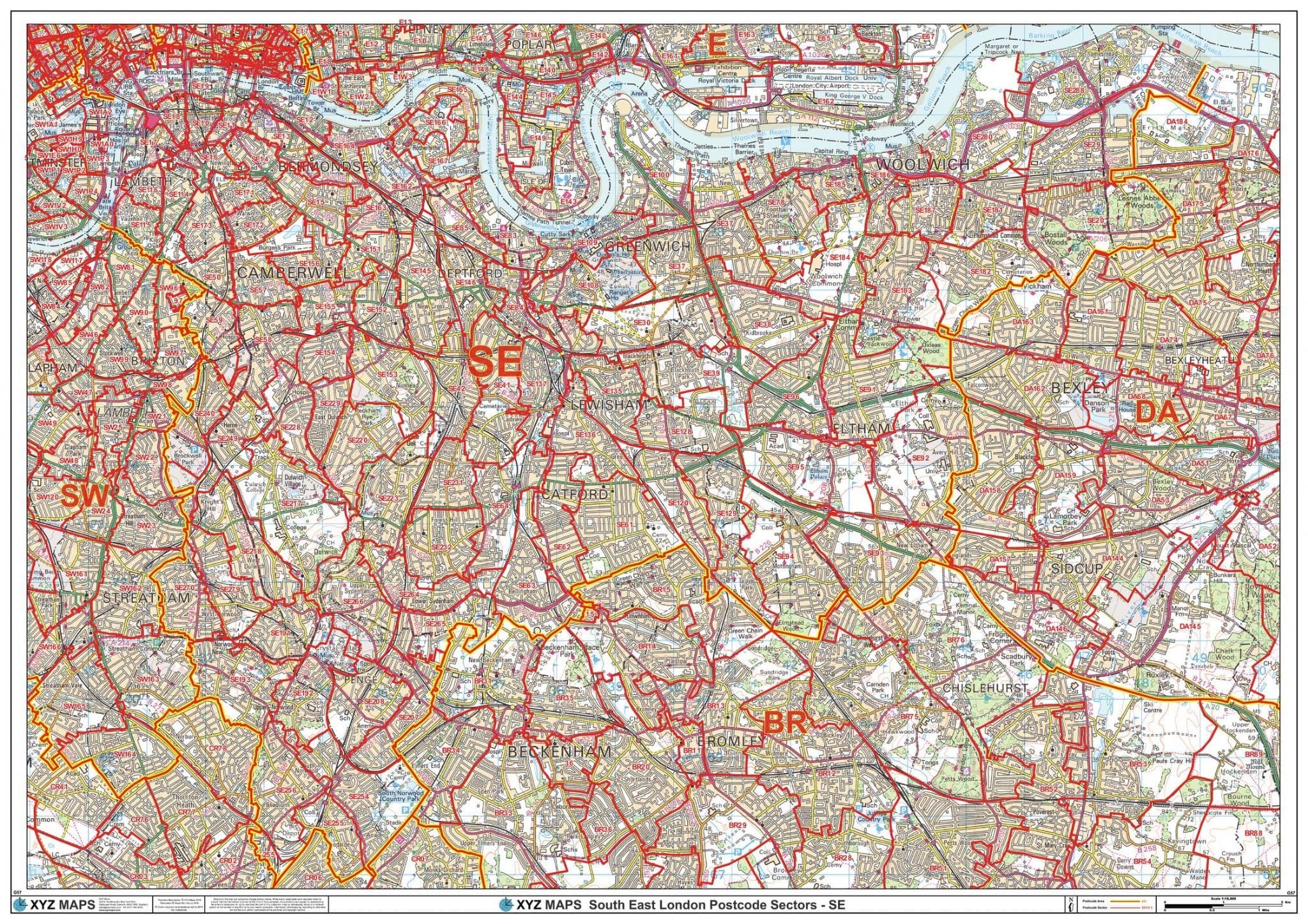 London - South East - SE - Postcode Sector Wall Map