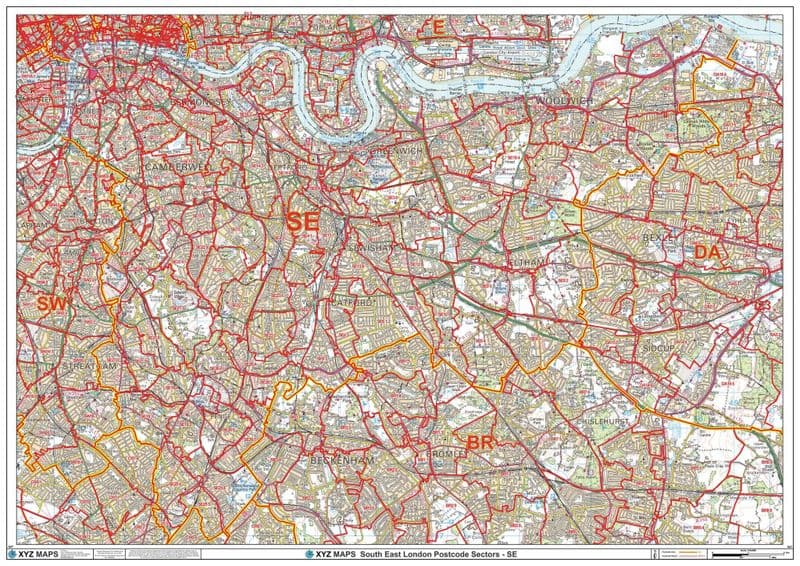London - South East - SE - Postcode Sector Wall Map
