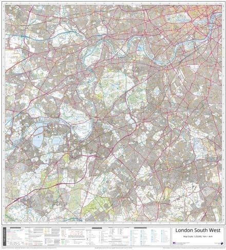 London - South West Ordnance Survey 1:25,000 - Wall Map