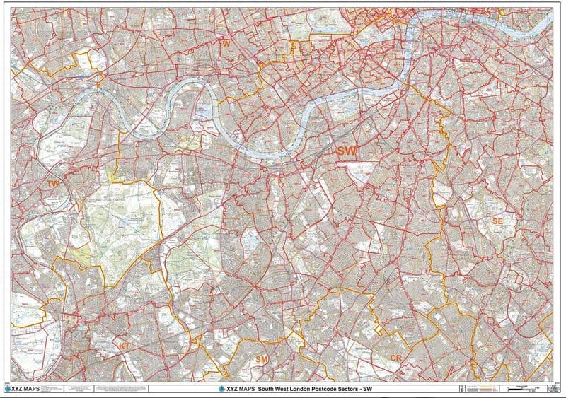 London - South West - SW - Postcode Sector Wall Map