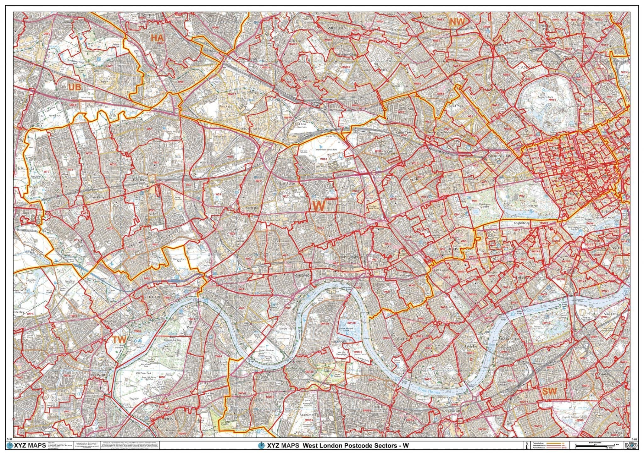 London - The West - W - Postcode Sector Wall Map